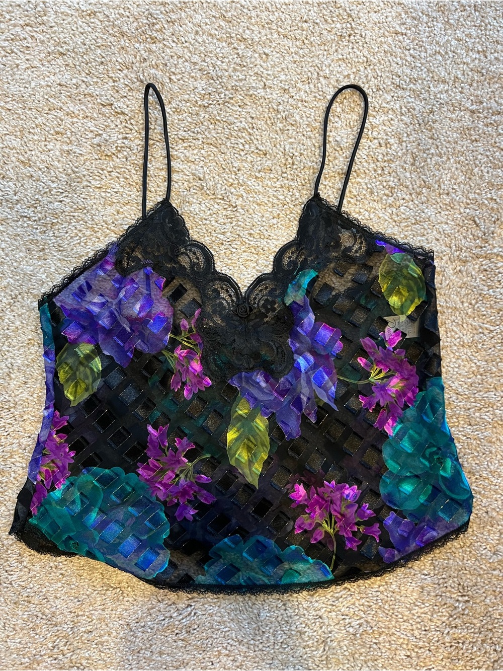 Vintage Floral Sheer Lace Cami Y2K Mesh Fairycore Tank Top M - Picture 2 of 7